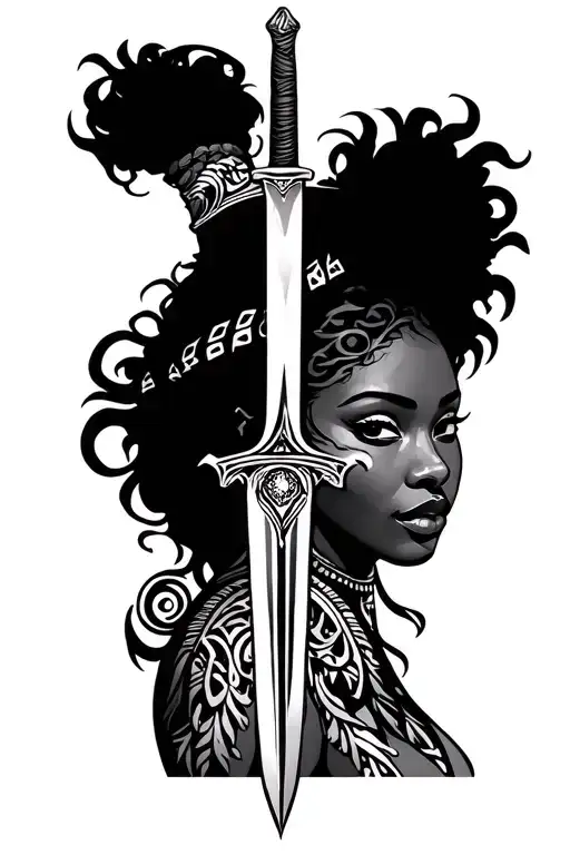 Beautiful Black Women Face With A Aunk Symbols Around Neck Showing Strength By Holding A Sword