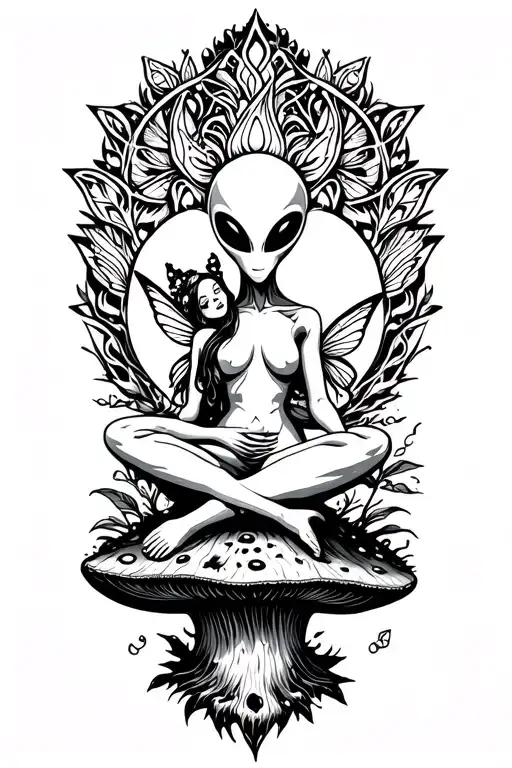 Enlightened Alien Sitting With A Fairy On A Mushroom