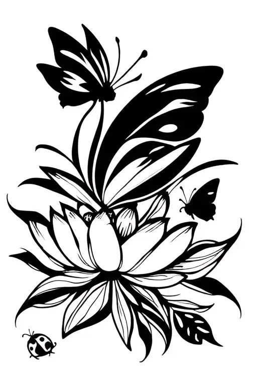 Lotus With Butterflies And Ladybug
