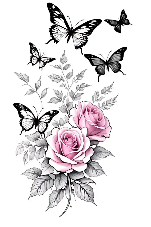 Butterflies And Roses Blooming