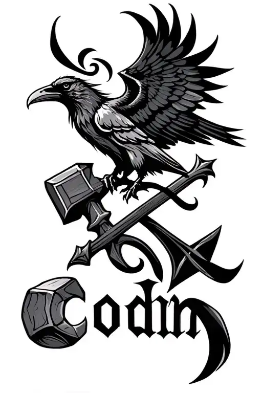 Odin's Name With Odins Raven And Thors Hammer