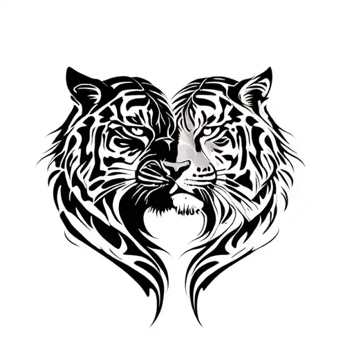 Panther And Tiger In Side Profile Making Shape Of A Heart