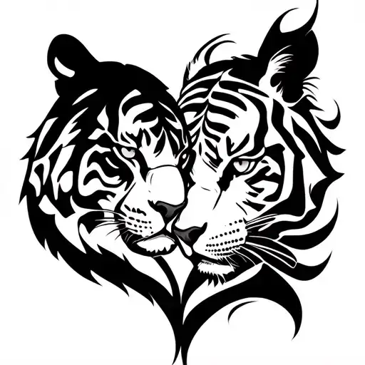 Panther And Tiger In Side Profile Facing Outwards Making Shape Of A Heart
