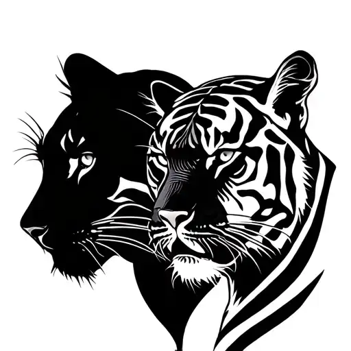 Panther And Tiger In Side Profile Facing Outwards Making Shape Of A Heart