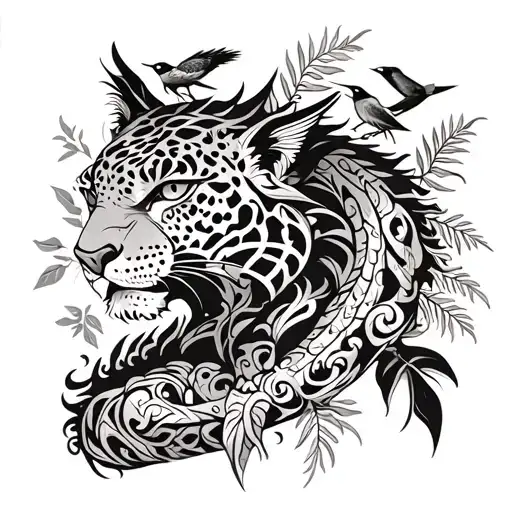 Gothic Jaguar And Dragon With Leafs And Ferns And Birds