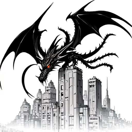 Cyber Sigilism Dragon Flying Around A City Building