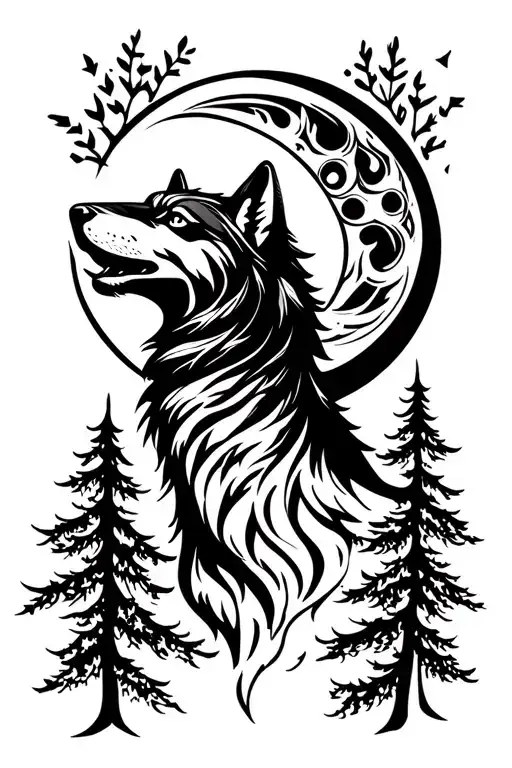 Howling Wolf And Half Moon In Forest