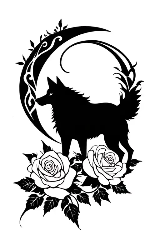 Wolf And Roses Intertwined And Moon