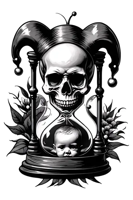 Jester Skull In Hourglass Over Baby Fetus