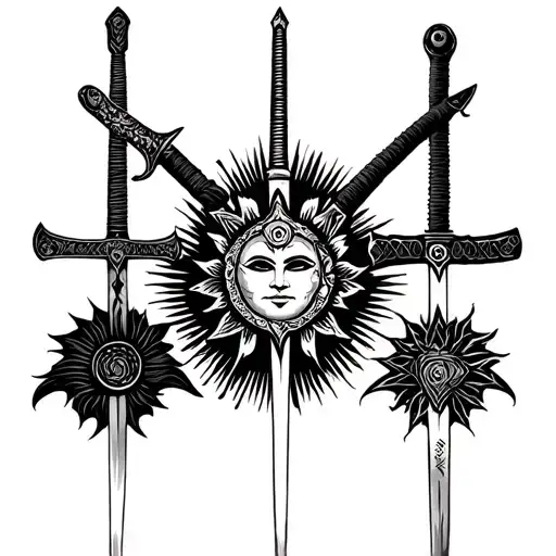 Four Different Filipino Sword Hilts Around A Sun Rays