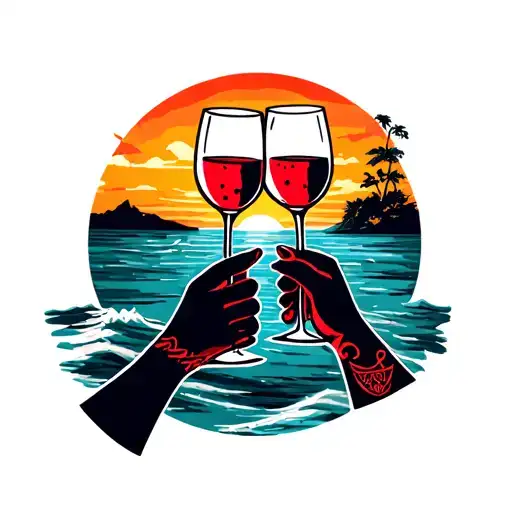 Sunset Over Ocean Background With 2 Hands Clinking Wine Glass And Redbull