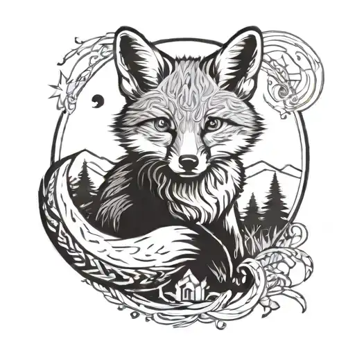 A Fox Cub Sits On The Moon Against The Backdrop Of A Forest And Sky