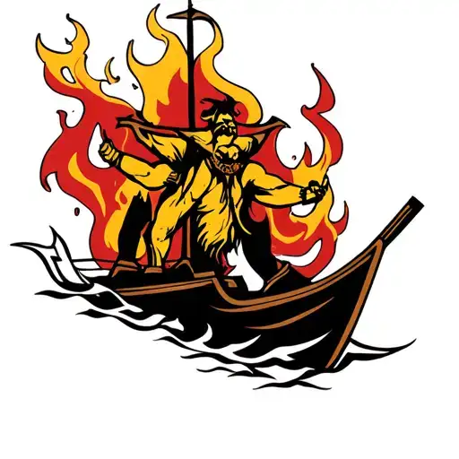 Generate A Tattoo Of The Fool Character On A Tribal Tattoo Of A Burning Boat