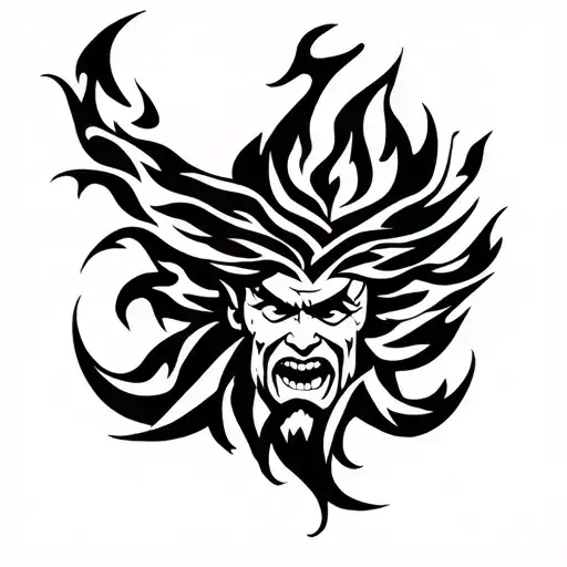 Generate A Tattoo Of The Fool Character On A Tribal Tattoo Of A Burning Boat