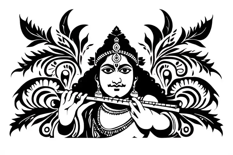 Indian God Of Krishna Playing The Flute Surrounded
