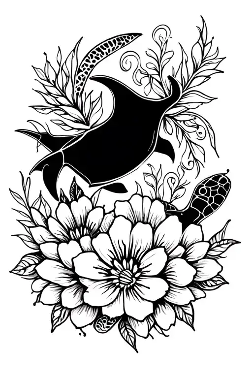 Tribal Flowers With Turtle And Manta Ray