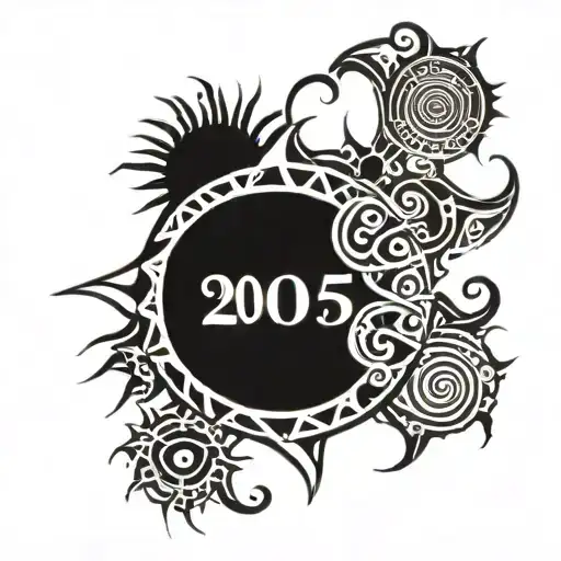 Can You Make A Black Tribal Looking Sun Tattoo With The Number 2005 In The Center In Red Font