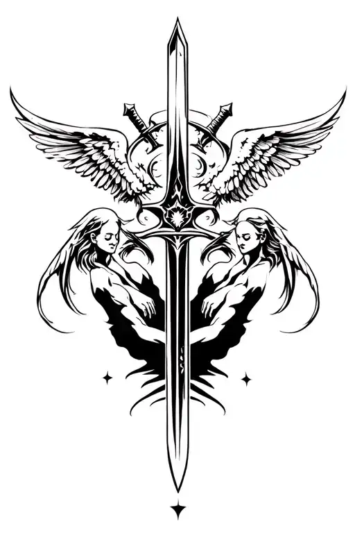 Neo Tribal With Angels And Sword On Hand