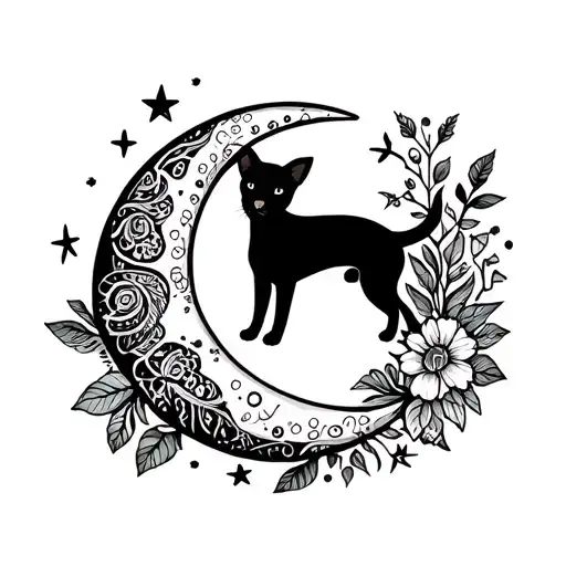 Witchy Moon With Black Cat And Jack Russell Terrier Dog In The Back Stars And Flowers