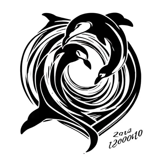 Two Dolphins Leaping Upward In A Spiral Heart With A Date Under It