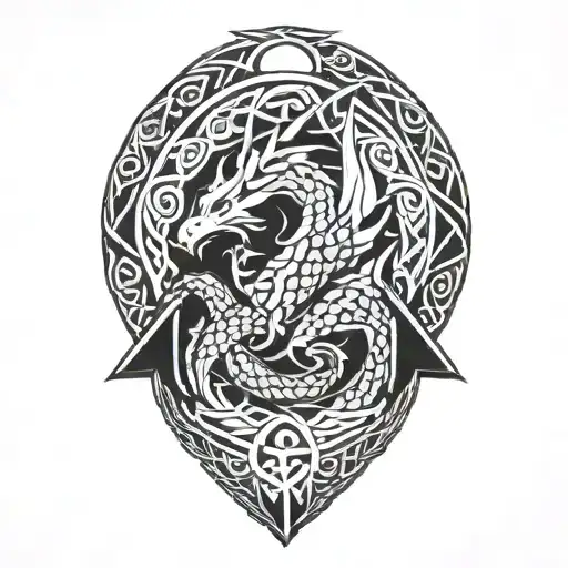 Dragon With Celtic Knot Scales Wrapping Around A Valknut