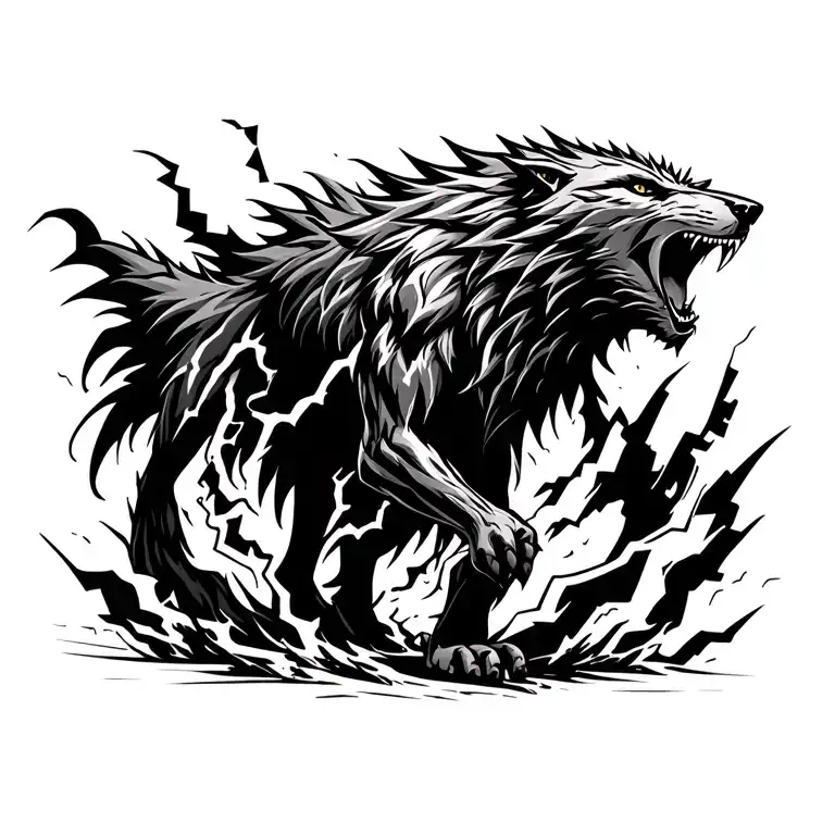 Full-body Howling Werewolf Surrounded By Lightning