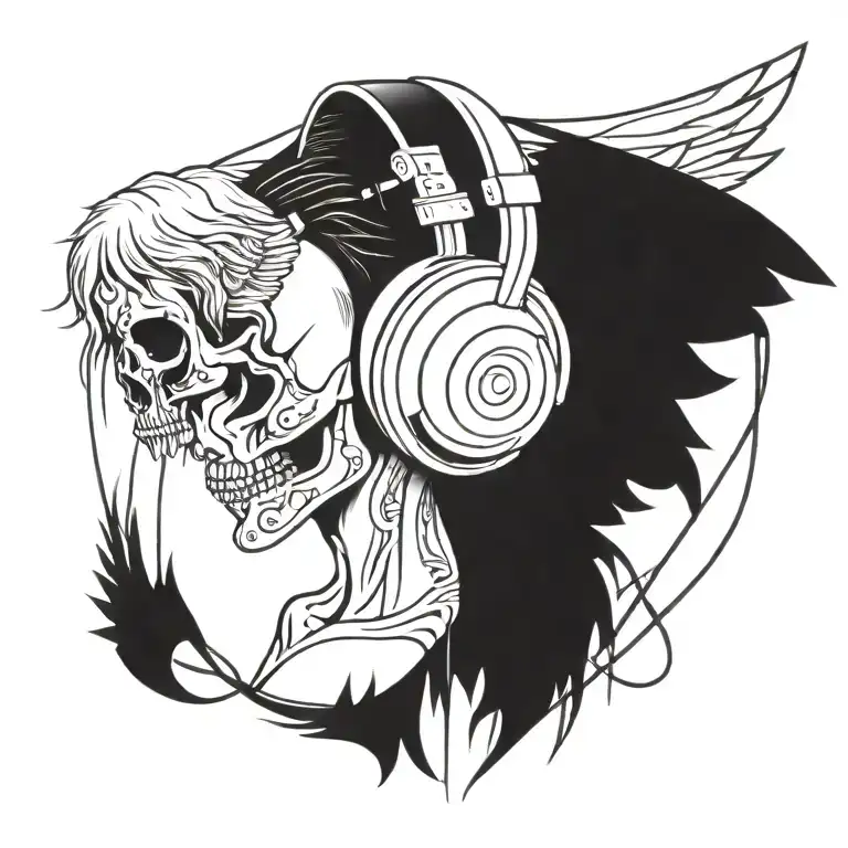 Angel Wings With Skull Wearing Headphones