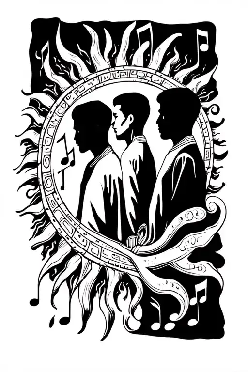A Tattoo Of 3 Brothers Only Silhouette Surrounded By Music Inside The Sun