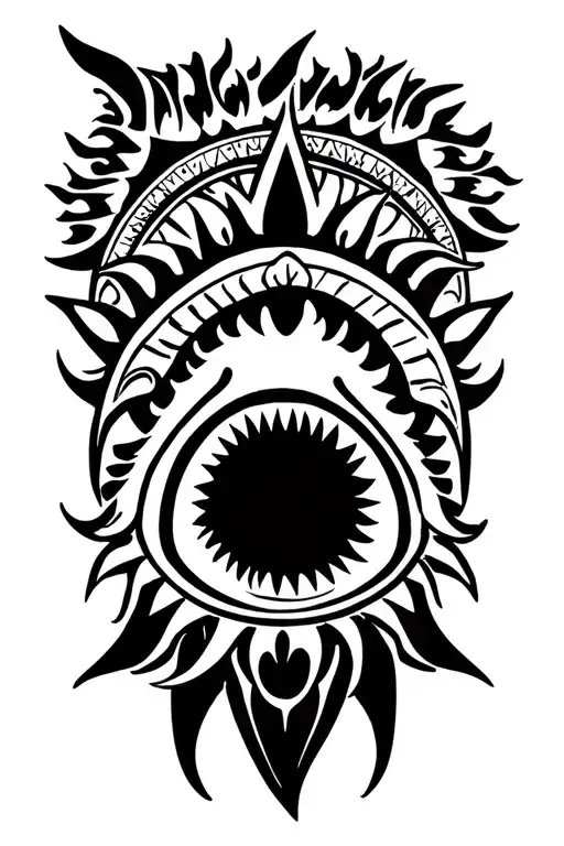 Tribal Sun With Tribal Shark With Band Above And Below