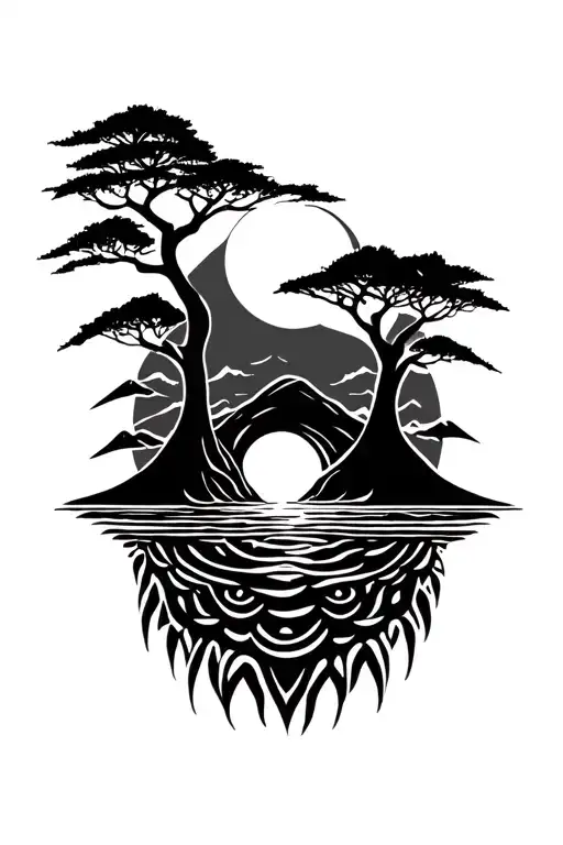 Sun Moon Tree Mountain Ocean