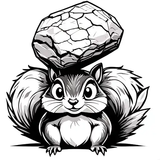 Cartoon Squirrel Holding Up Two Large Heavy Boulders Above His Head
