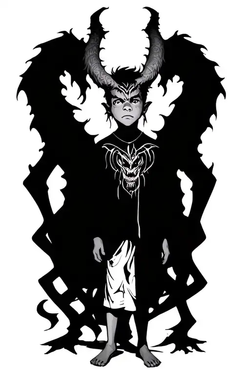 A Boy Standing With A Scary Demon Towering Behind And Wrapped Around Him