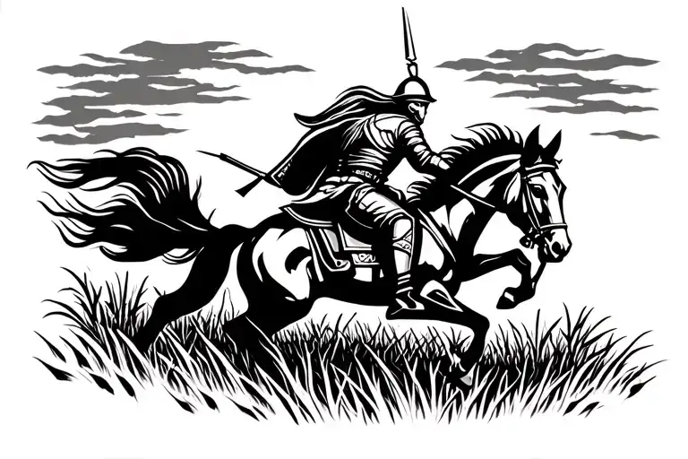 Knight On Horse Galloping Through A Field
