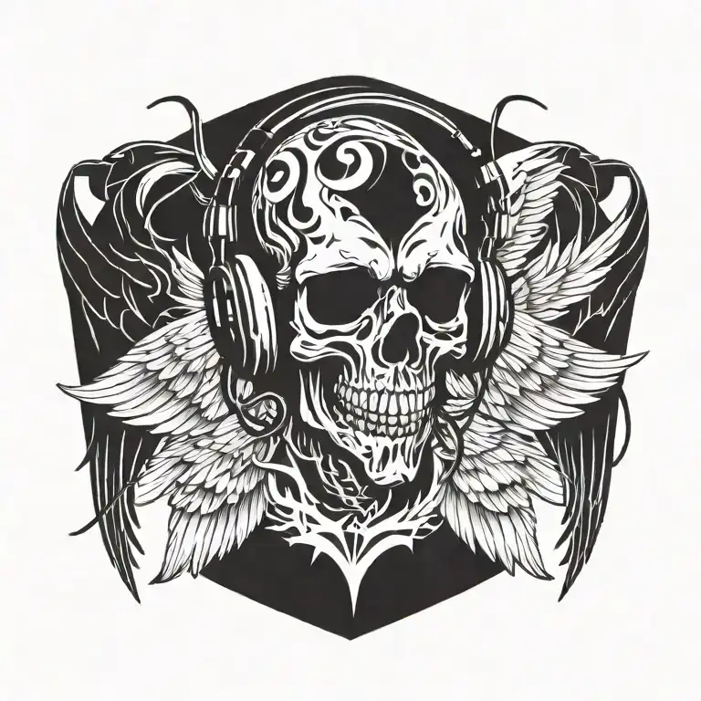 Angel Wings With Skull Wearing Headphones