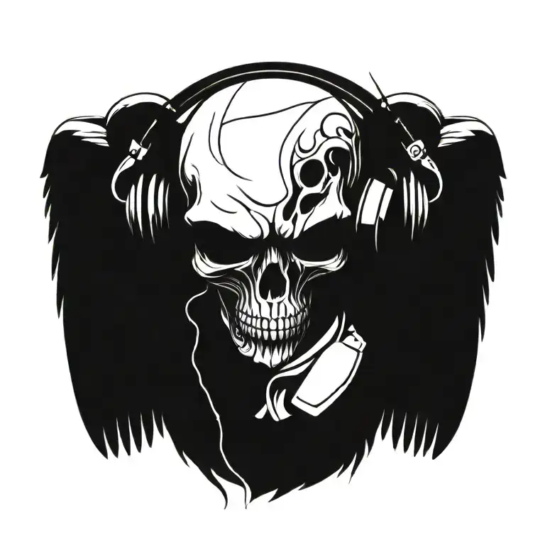 Angel Wings With Skull Wearing Headphones