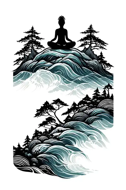 Ocean Forest And Mountains With Meditating Stickfigure At The Top