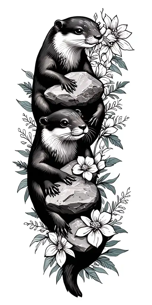 3 Decorative Otters Holding Rocks Surrounded By Flowers