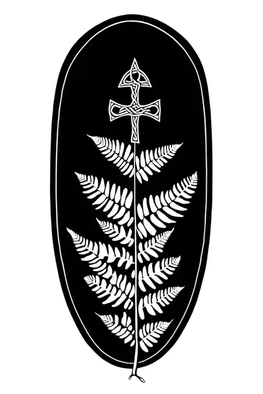 All Black Fern Plant Intertwined With Celtic Cross