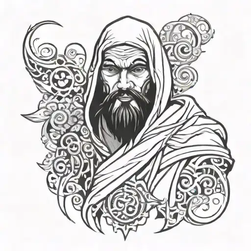 Sketch Of A Tattoo Of A Monk With A Beard Wearing A Hooded Robe So That The Eyes Are Not Permanent