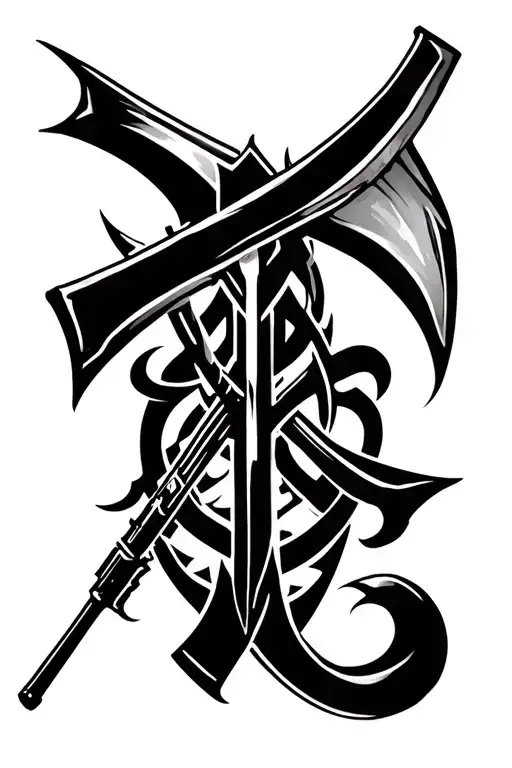 Cross With Scythe And Sniper Rifle Intertwined