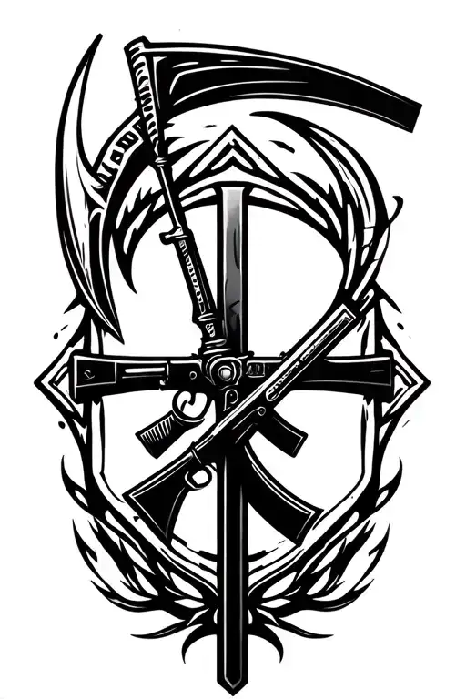 Cross With Scythe And Sniper Rifle Leaning