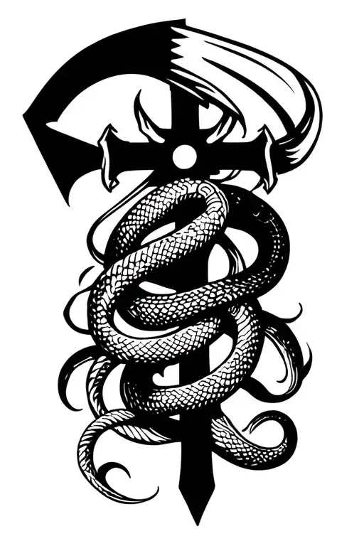 Cross With Scythe And Snake Wrapped