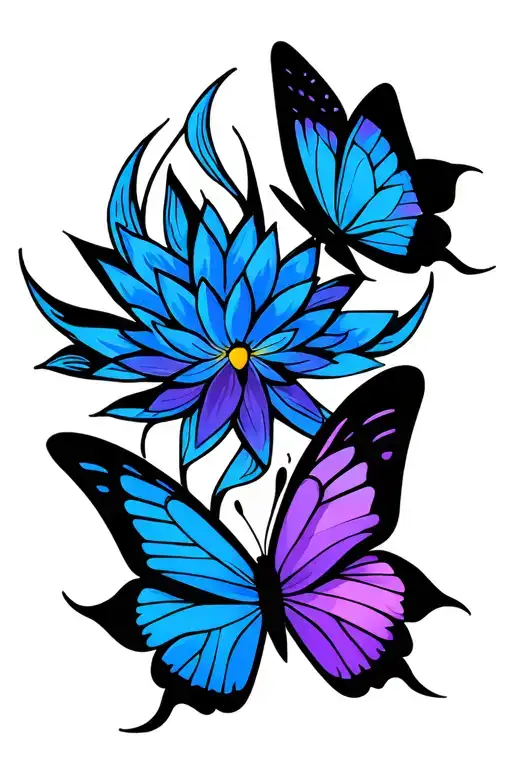 Red Butterflies With Blue And Purple Lotus Flowers