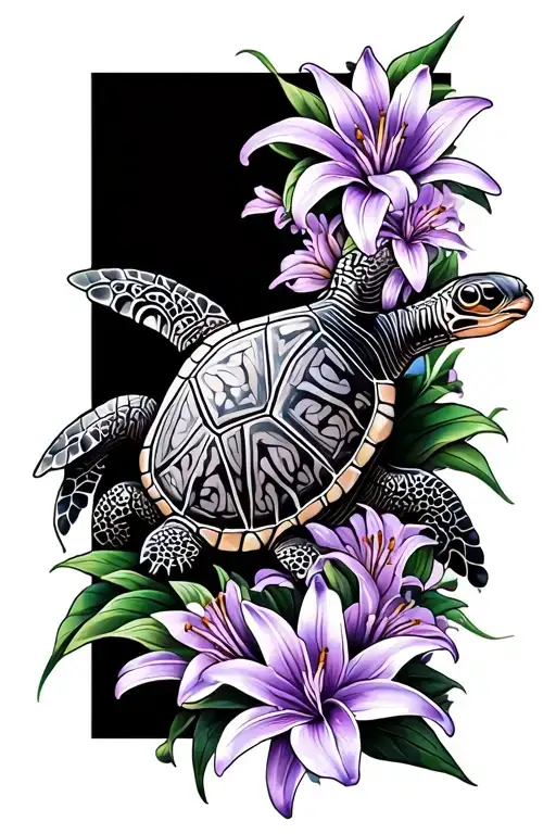 Sea Turtle With Lilac And Lily Flowers Blooming Tattoo To Be Placed Behind Left Shoulder