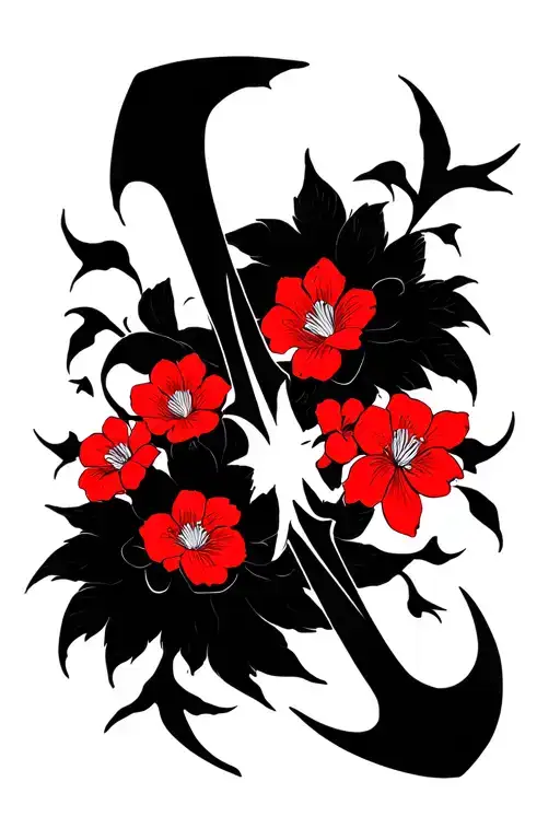 Trident At Center Matt With Red Japanese Flowers Blooming