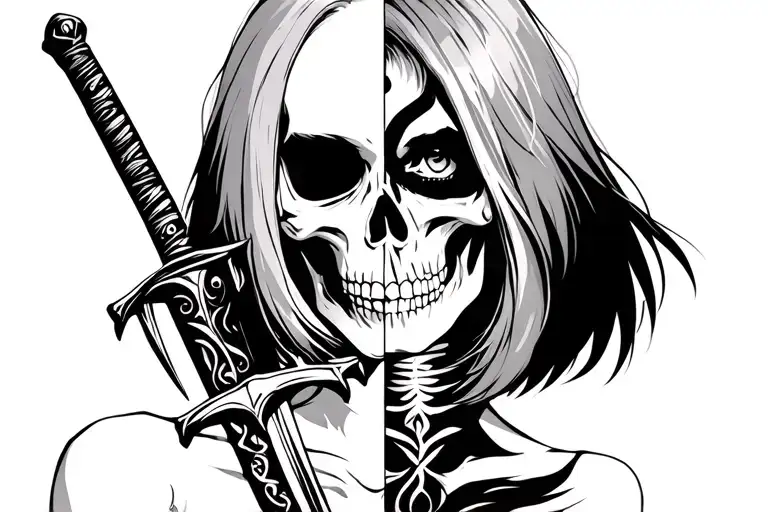 Short Haired Woman With Half Of Her Face Looking Like A Skeleton Holding A Sword
