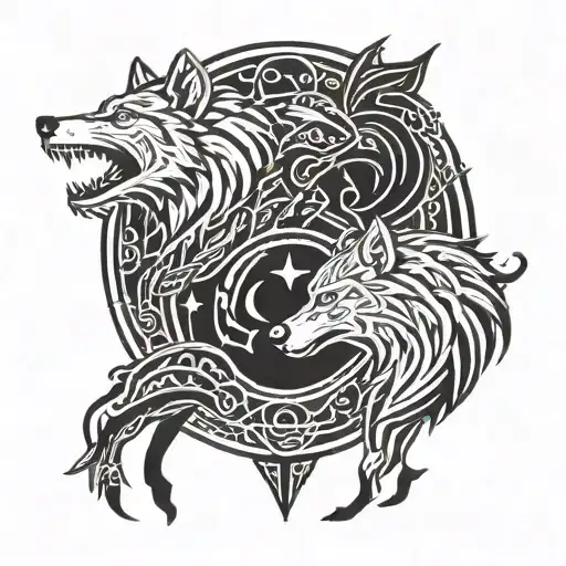 Two Wolves With Scorpio And Pisces Zodiac Signs Incorporated