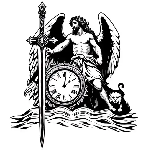 Archangel Holding Sword With Clock Below And Lion With Cross Jesus Walking On Water Cross On Bible