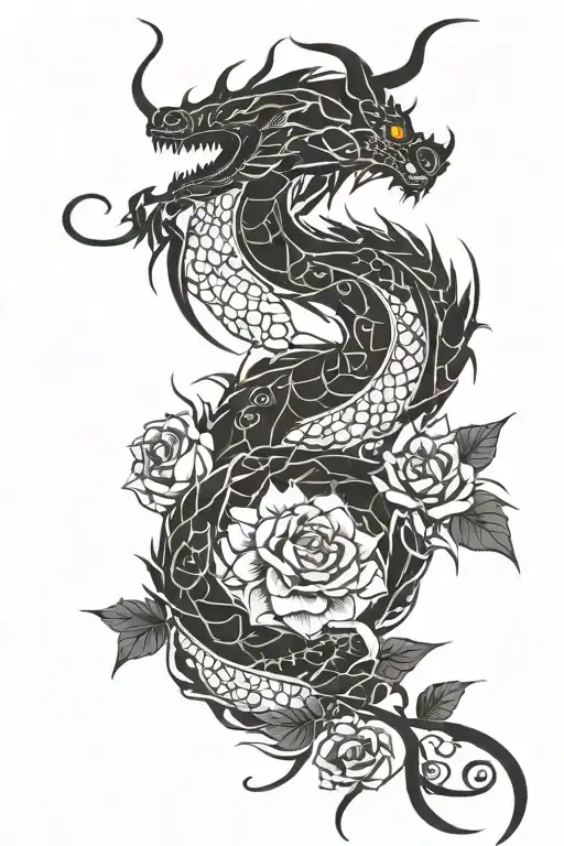 A Dragon With Lotus Flowers And Thorny Rose Branches