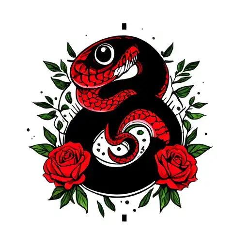A Red Snake With Black Eyes That Has Red Roses Around It